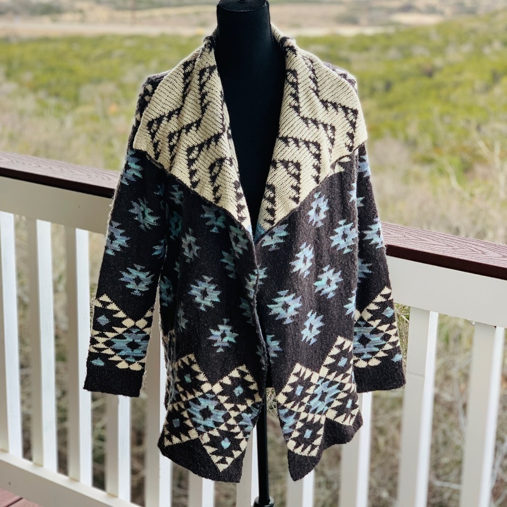 Eyeshadow Aztec & Tribal‎ Print Open Navy Cardigan Sweater